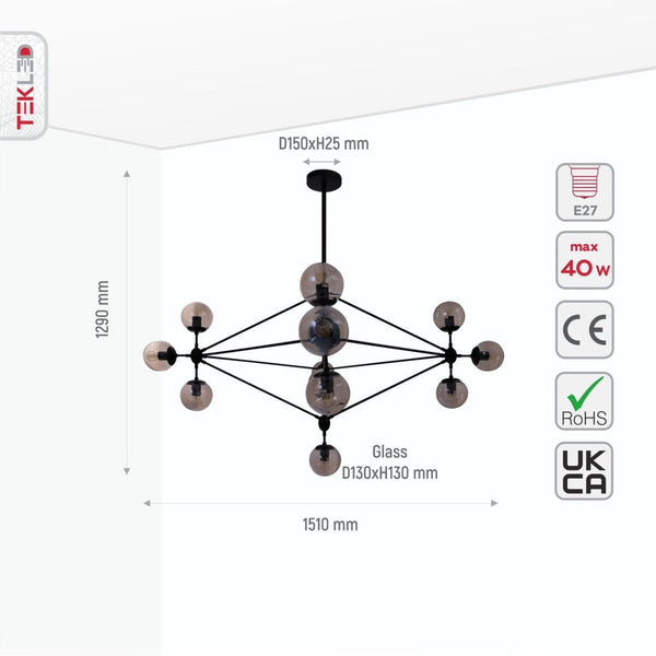 TEKLED Molecule Shape Black Rod Metal Amber Glass Globe Chandelier Ceiling Light - 10 Globe or 15 Globe.