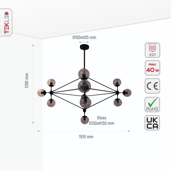 Molecule Shape Black Rod Metal Amber Glass Globe Chandelier Ceiling Light