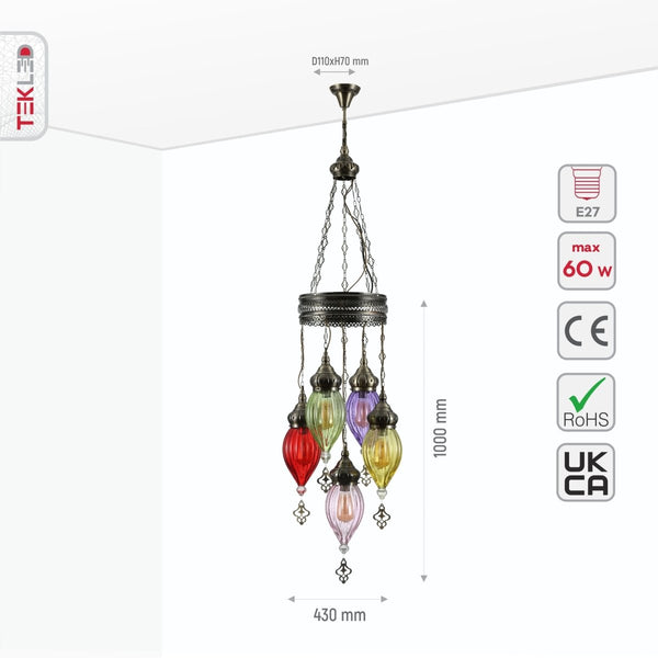 Moroccan Style Antique Brass and Multi Colour Glass Ceiling Chandelier Pendant Light E27