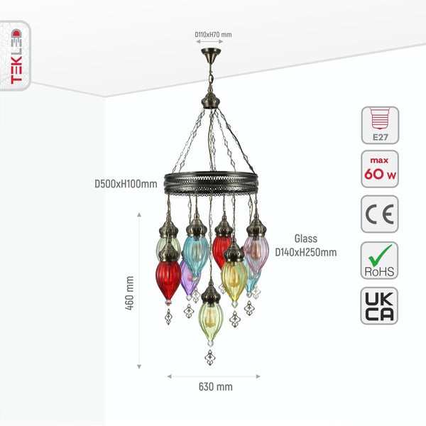 Moroccan Style Antique Brass and Multi Colour Glass Ceiling Chandelier Pendant Light E27