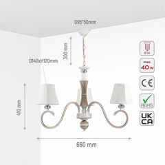 Off White Fabric Shaded Gold Aged Ivory Traditional Retro Vintage Classic Chandelier Ceiling Light E14