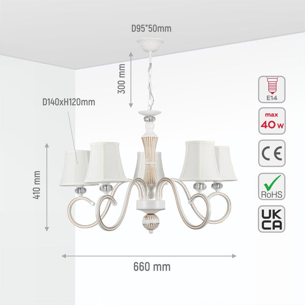 Off White Fabric Shaded Gold Aged Ivory Traditional Retro Vintage Classic Chandelier Ceiling Light E14