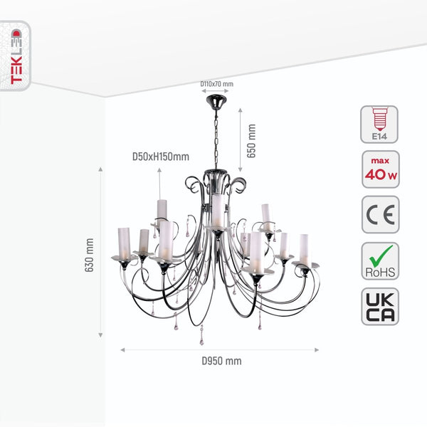 Opal Cylinder Glass Chrome Candle Metal Arm Ceiling Chandelier Light E14