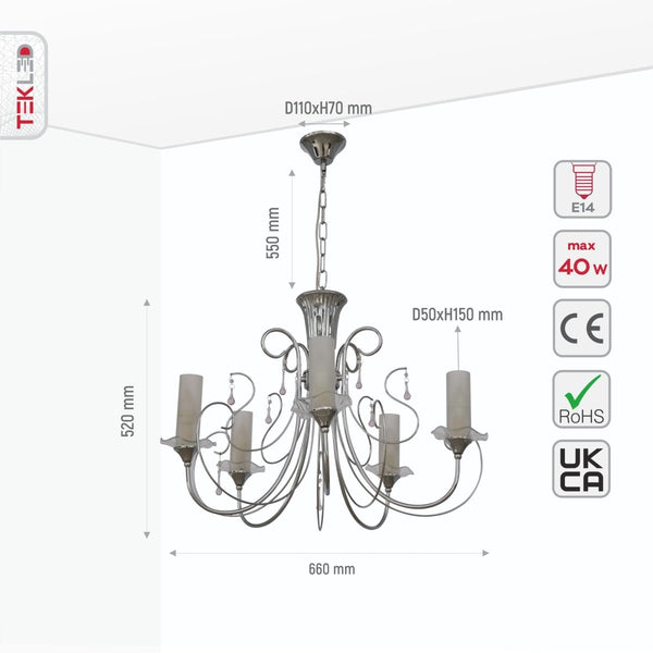 Opal Cylinder Glass Chrome Candle Metal Arm Ceiling Chandelier Light E14
