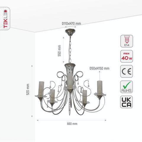Opal Cylinder Glass Chrome Candle Metal Arm Ceiling Chandelier Light E14