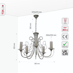 Opal Cylinder Glass Chrome Candle Metal Arm Ceiling Chandelier Light E14