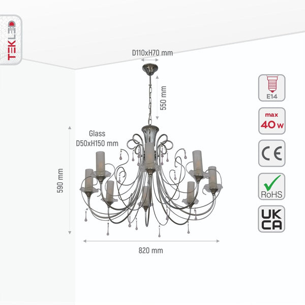 Opal Cylinder Glass Chrome Candle Metal Arm Ceiling Chandelier Light E14