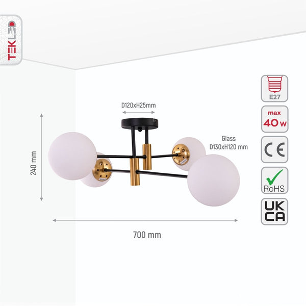 Opal Clear Amber Glass Globe Gold and Black Metal Semi Flush Ceiling Light E27