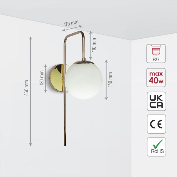 Opal Globe Glass Cane Metal Downward Wall Light