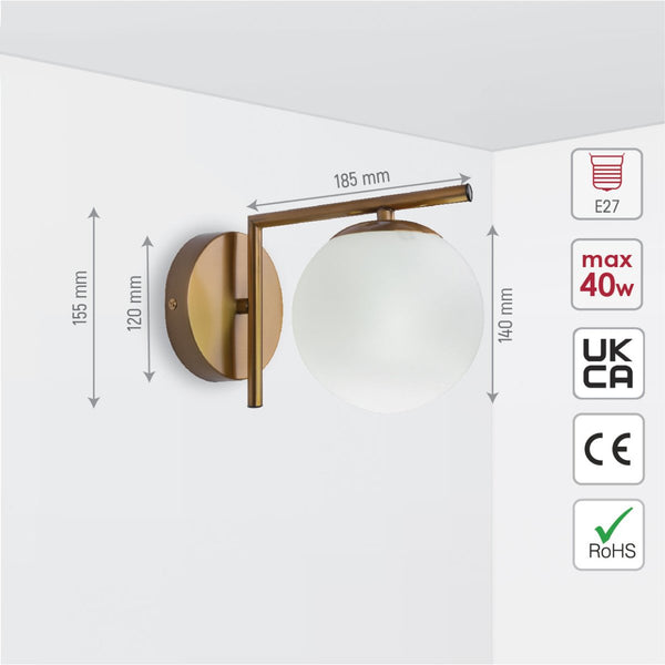 Opal Globe Glass Bronze L Shape Metal Wall Light E27 Fitting