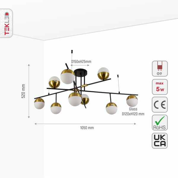 Opal Globe Glass Gold Black Metal Body Modern Nordic Chandelier Ceiling Light 9xG9s