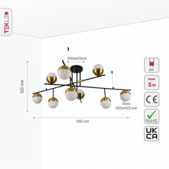 Opal Globe Glass Gold Black Metal Body Modern Nordic Chandelier Ceiling Light 9xG9s