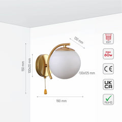 Opal Globe Glass Gold Metal Arc Body Vintage Retro Wall Light with Pull Down Switch E27 Fitting