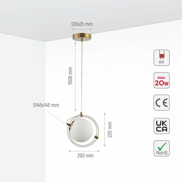Opal Globe Glass Gold Rings Pendant Ceiling Light G9 Fitting