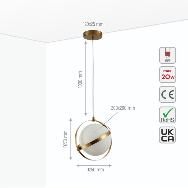 Opal Globe Glass Gold Rings Pendant Ceiling Light G9 Fitting