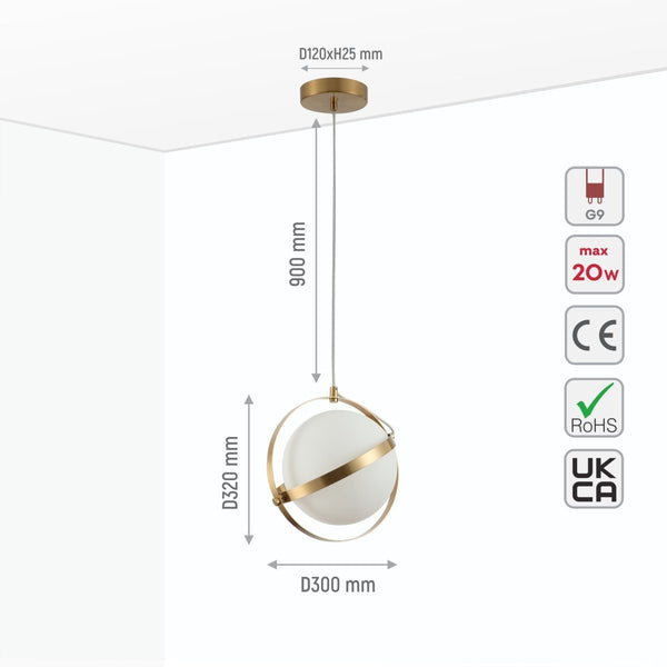 Opal Globe Glass Gold Rings Pendant Ceiling Light G9 Fitting