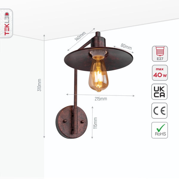 Red Bronze Metal Funnel Flat Wall Light E27 Fitting