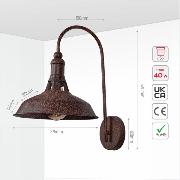 Rusty Brown Metal Step Downward Industrial Retro Wall Light E27 Fitting