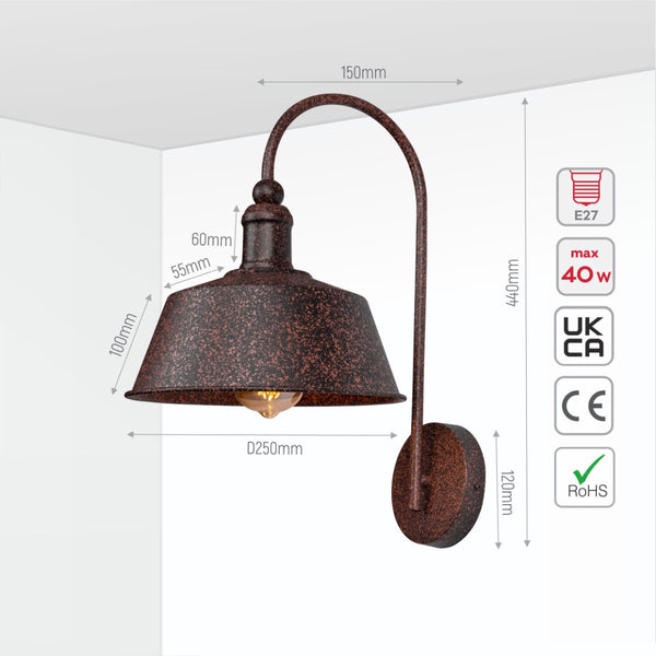 Rusty Brown Metal Step Downward Industrial Retro Wall Light E27 Fitting