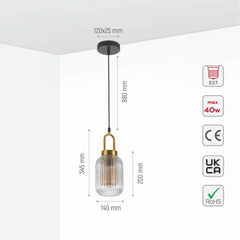 Sawyer Ribbed Fluted Reeded Maloto Lantern Clear Glass Pendant Ceiling Light E27 Gold Handled