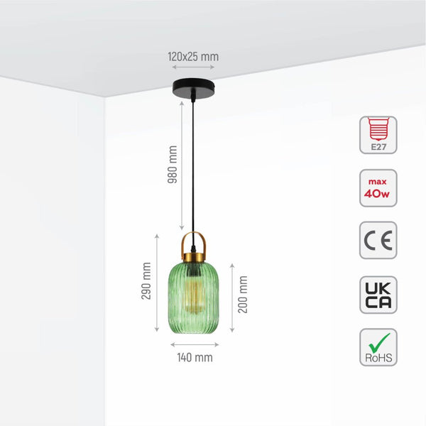 Sawyer Ribbed Fluted Reeded Maloto Lantern Green Glass Pendant Ceiling Light E27 Gold Handled