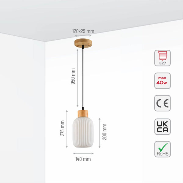 Sawyer Ribbed Fluted Reeded Maloto Lantern Opal Glass Pendant Ceiling Light E27 Wood Top