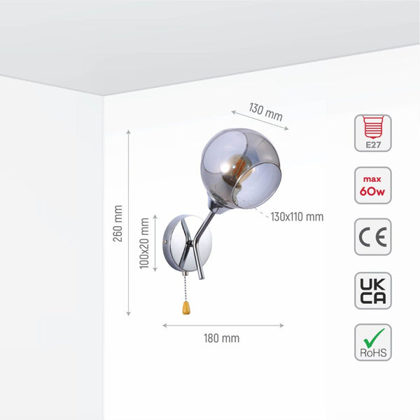 Smoky Barrel Glass Chrome Metal Body Sputnik Modern Wall Light with Pull Down Switch E27 Fitting