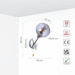 Smoky Barrel Glass Chrome Metal Body Sputnik Modern Wall Light with Pull Down Switch E27 Fitting
