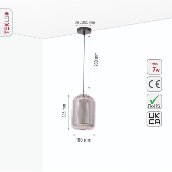 Modern Contemporary Smoky Glass Pendant Ceiling Light with Built-in LED Globe Cylinder Dome