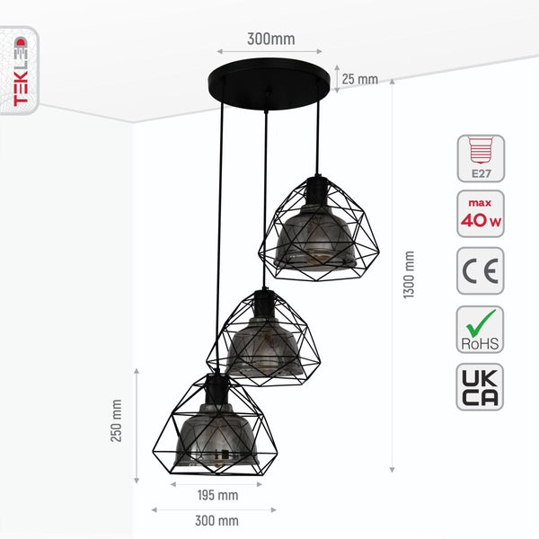 Smoky or Copper Glass Dome Black or Gold Metal Cage Pendant Ceiling Light E27