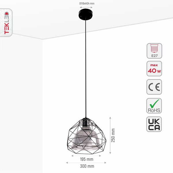 Smoky or Copper Glass Dome Black or Gold Metal Cage Pendant Ceiling Light E27