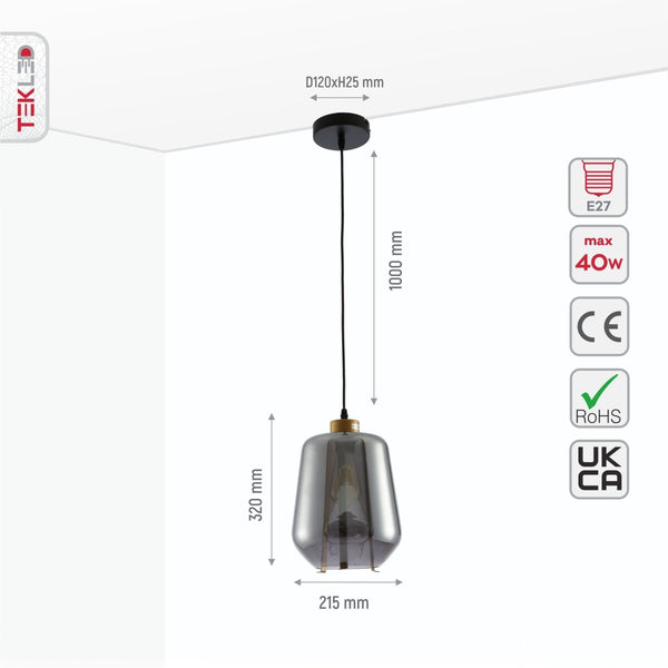 Amber or Smoky Glass Schoolhouse Pendant Ceiling Light L E27