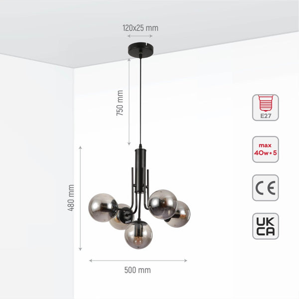 Globe Glass Black Body Pendant Chandelier Ceiling Light E27