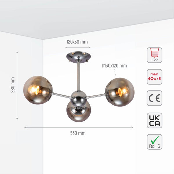 Smoky Globe Glass Chrome Metal Body Sputnik Molecule Modern Ceiling Light E27 Fittings