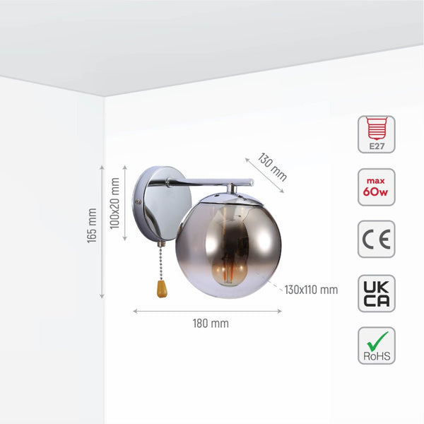 Elegant Globe Wall Light with Pull Down Switch - Smoky Glass