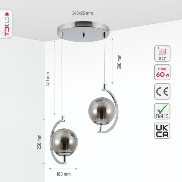 Amber or Smoky Glass Globe Crescent Gold or Chrome Metal Modern Ceiling Pendant Light
