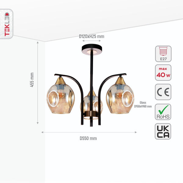 Snowdrop Amber Glass Black Body Semi Flush Ceiling Light E27