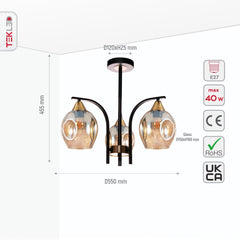 Snowdrop Amber Glass Black Body Semi Flush Ceiling Light E27