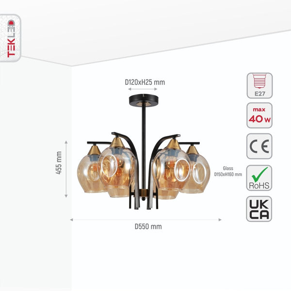 Snowdrop Amber Glass Black Body Semi Flush Ceiling Light E27