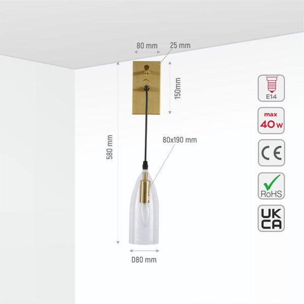 Snowdrop Clear Glass Gold Metal Pendant Wall Light E14 Fitting