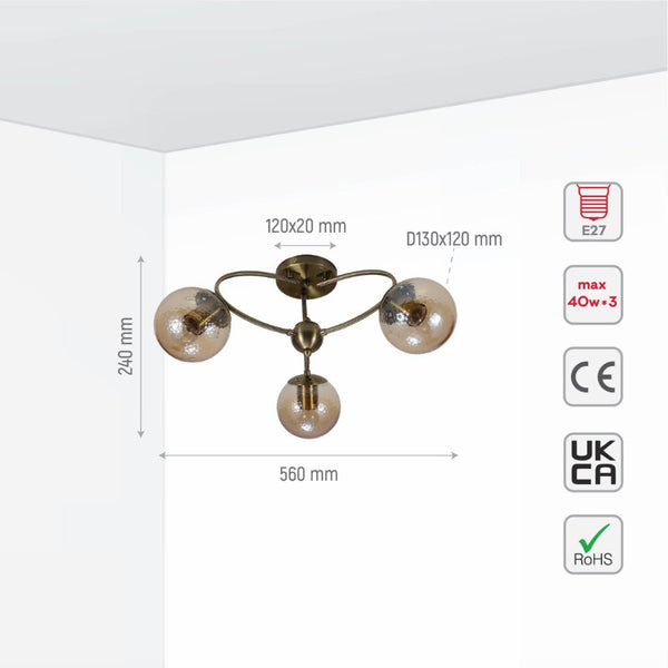 Textured Amber Globe Antique Brass Semi Circle Arm Semi Flush Ceiling Light