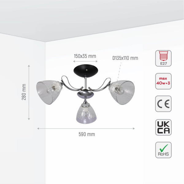 Textured Clear Cone Glass Chrome Semi Flush Ceiling Light