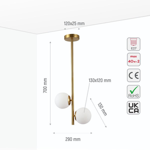 Vertical Opal Glass Globes Gold Metal Body Ceiling Light E27