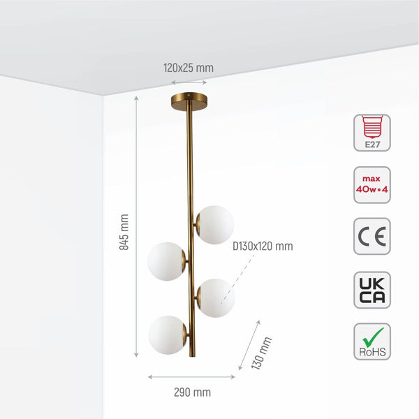 Vertical Opal Glass Globes Gold Metal Body Ceiling Light E27