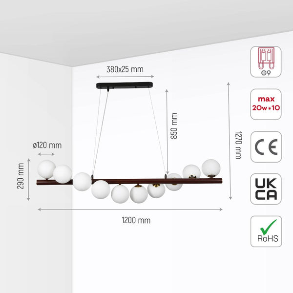 Walnut Wood Finish Metal Body Opal Glass Globes Kitchen Island Chandelier Ceiling Light 10xG9 Fitting