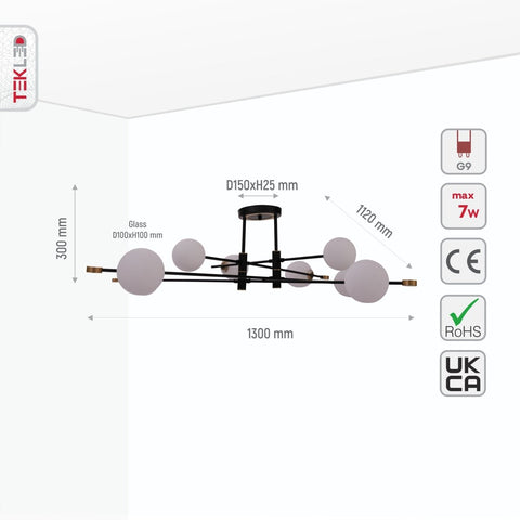 White Globe Glass Black Rod Body Semi Flush Ceiling Light 2-2 8xG9
