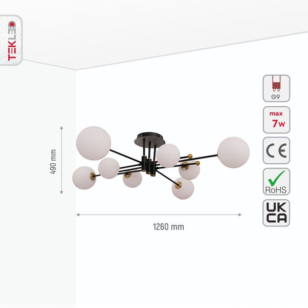 White Globe Glass Black Rod Body Semi Flush Ceiling Light 8xG9