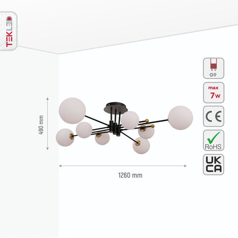 White Globe Glass Black Rod Body Semi Flush Ceiling Light 8xG9