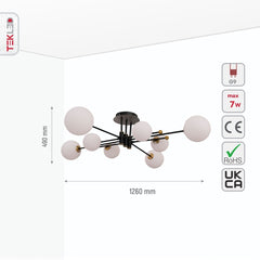 White Globe Glass Black Rod Body Semi Flush Ceiling Light 8xG9