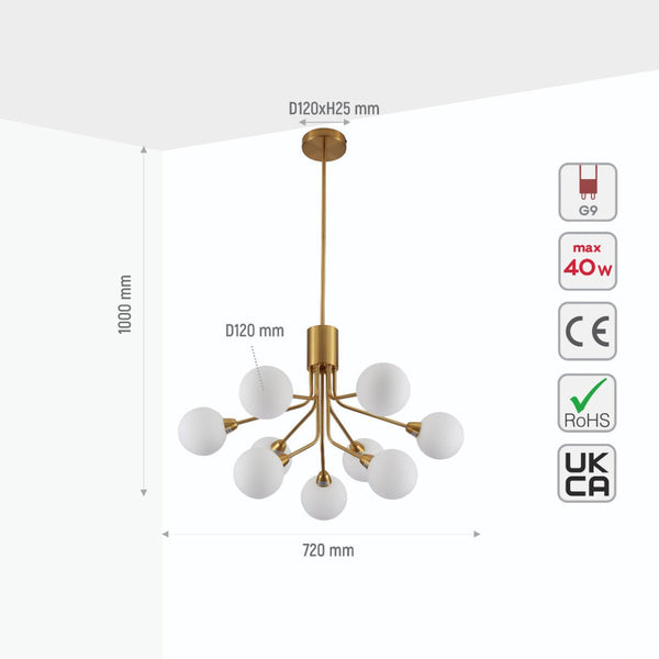 TEKLED White Globe Glass Gold Arm Body Pendant Chandelier Ceiling Light G9 - 9 Globe or 12 Globe.